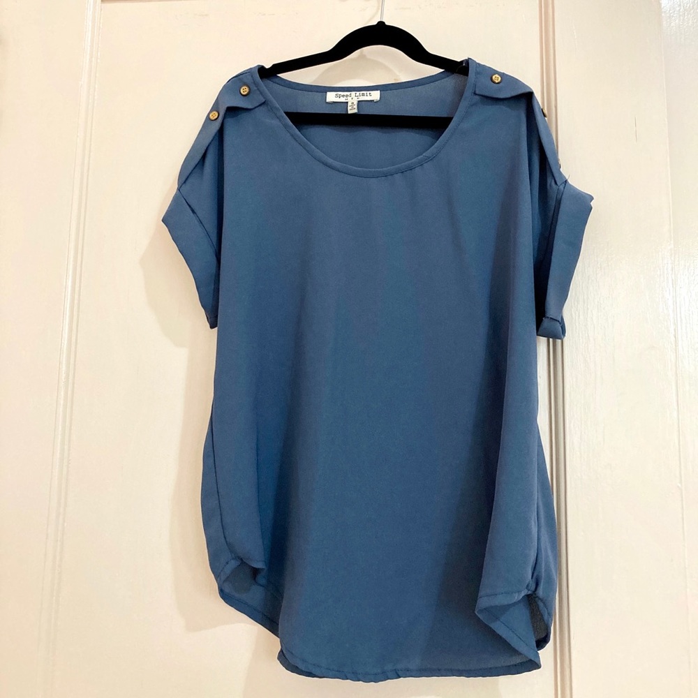 Blue t shirt blouse with gold button detailing